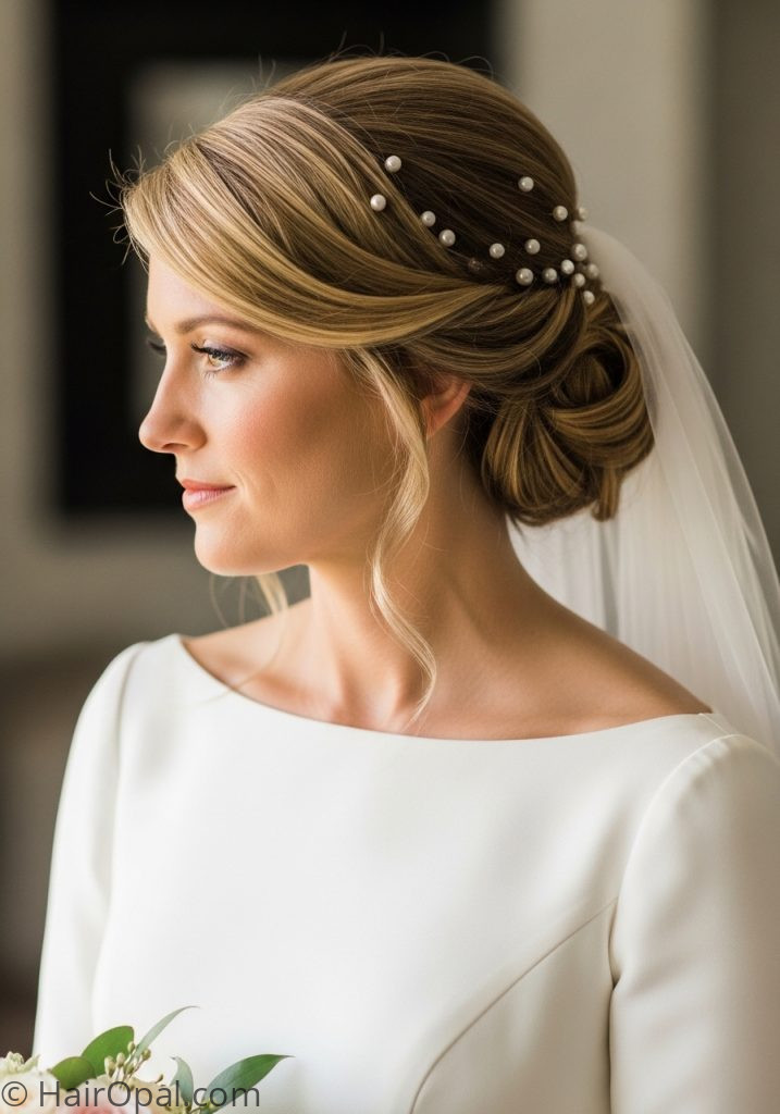 Bride with twisted half up pearl pins wedding hairstyles half up half down with veil simple