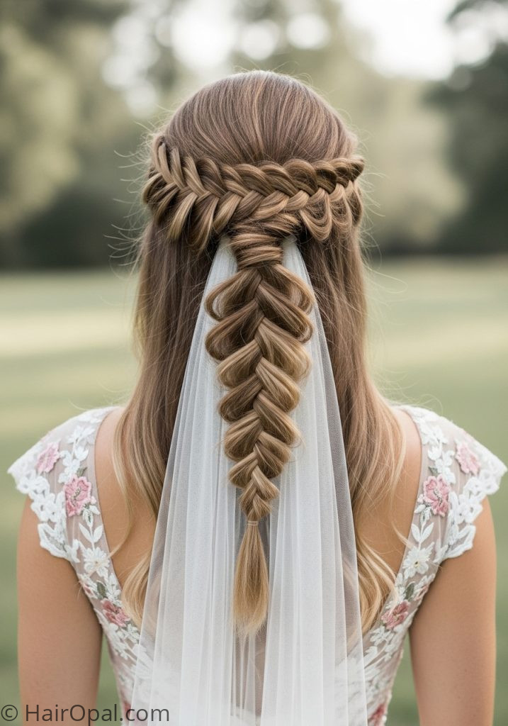 Bride with waterfall braid half up wedding hairstyles half up half down braid with veil