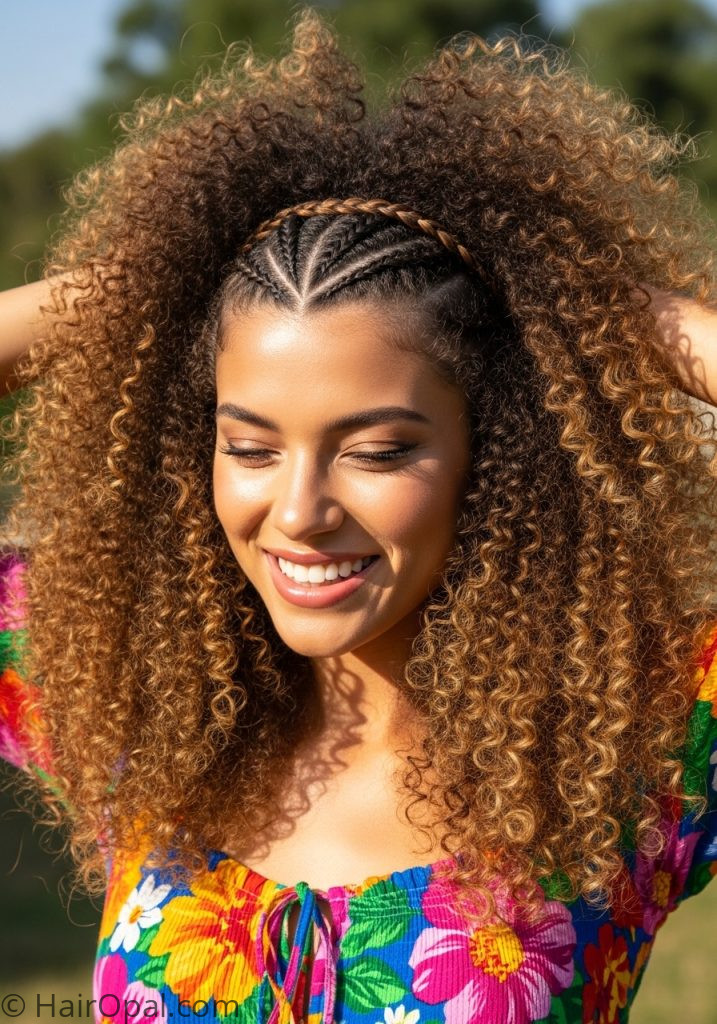  Woman with headband braid curly hair headband hairstyles curly hair with braids