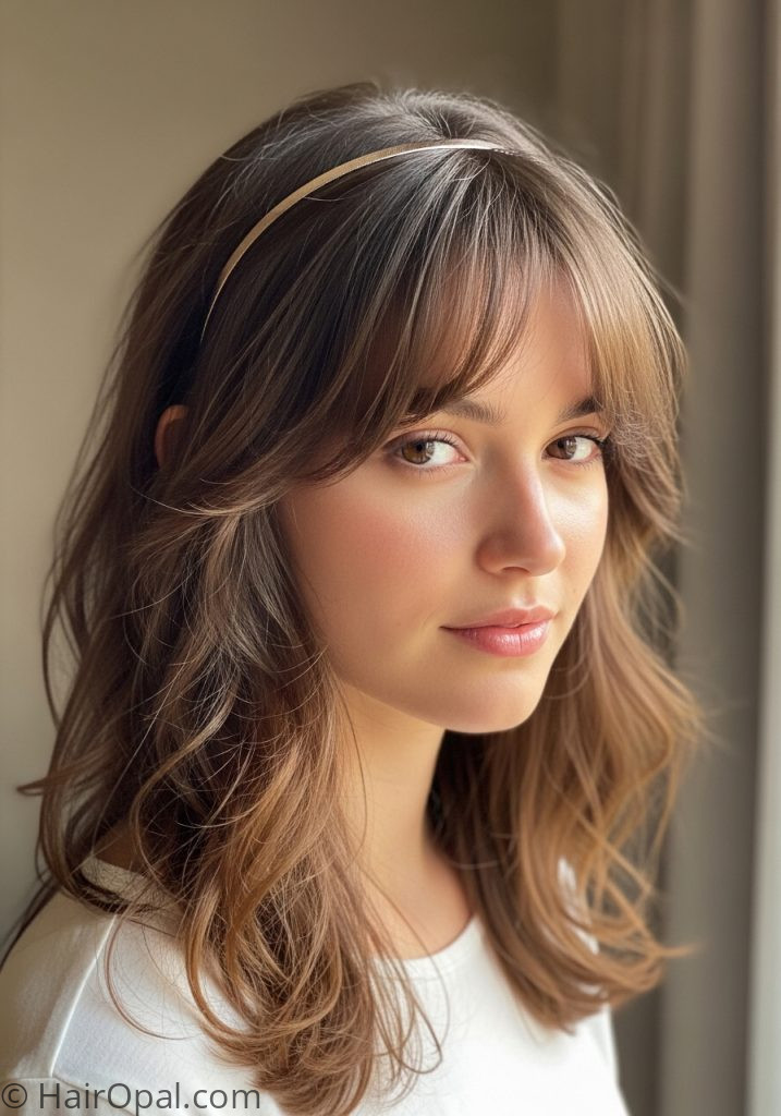 Woman with thin headband curtain bangs headband hairstyles with bangs straight hair