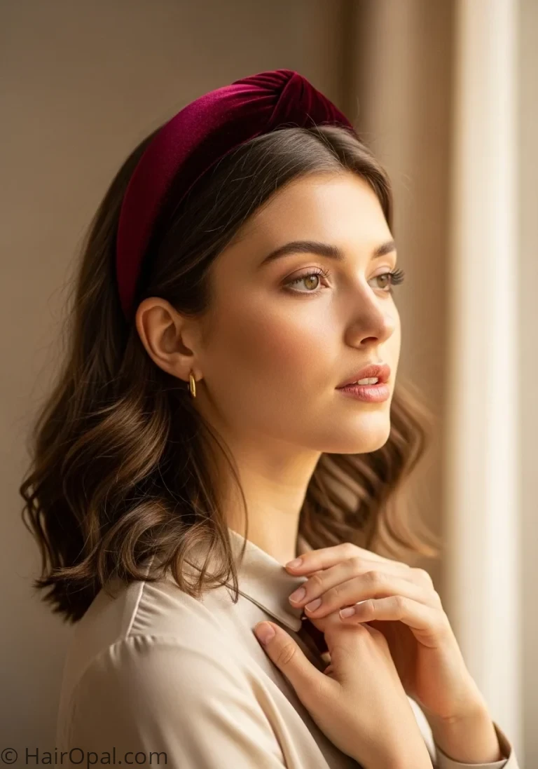 headband hairstyles woman with velvet headband medium wavy hair elegant look