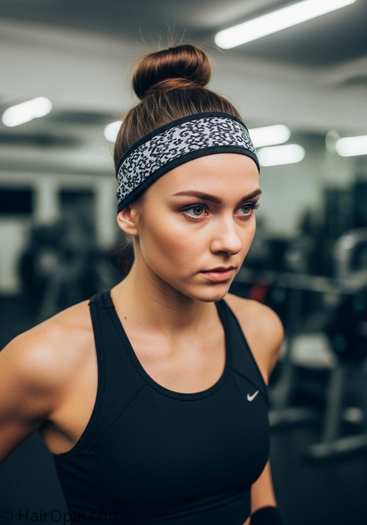  Young woman with gym headband slicked bun headband hairstyles ponytail sport short