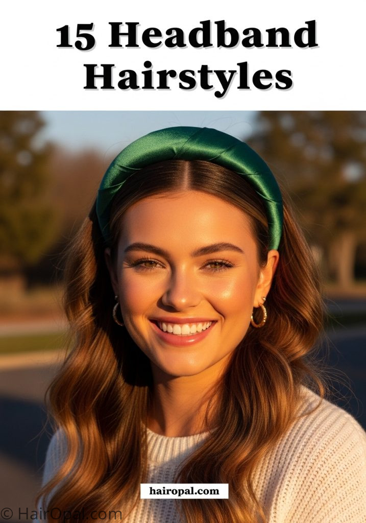 Woman with satin headband hairstyle loose waves with text 15 headband hairstyles
