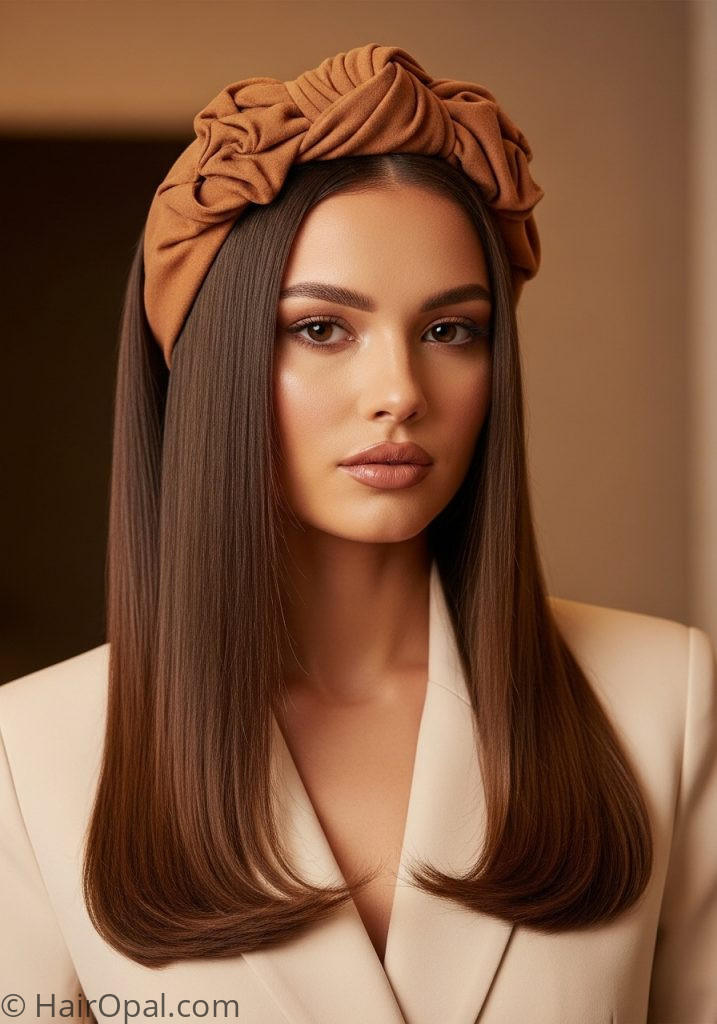 Young woman with knotted headband straight blowout headband hairstyles straight hair outfit