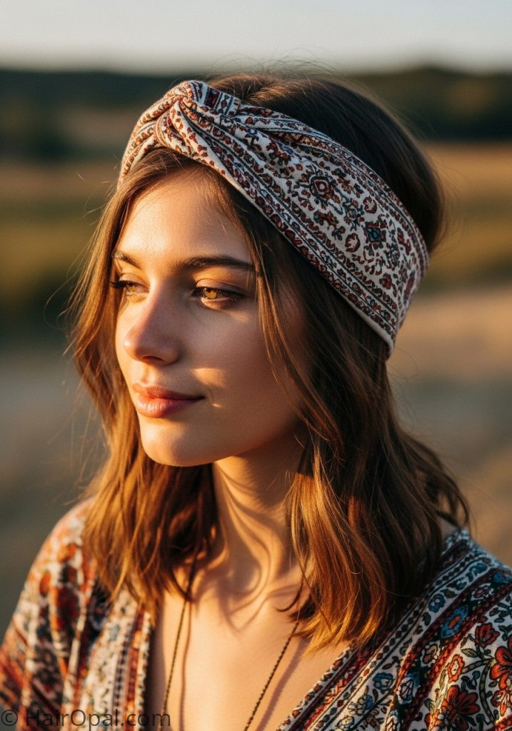  Woman with knotted headband updo headband hairstyles updo medium hair