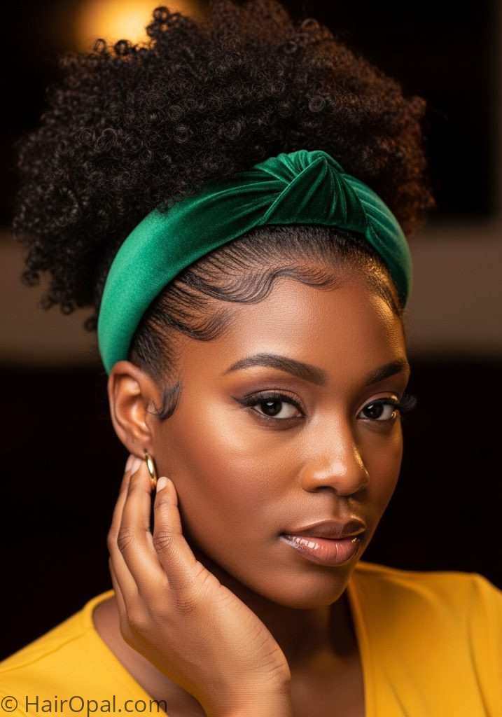  Black woman with velvet headband natural puff headband hairstyles black women natural hair