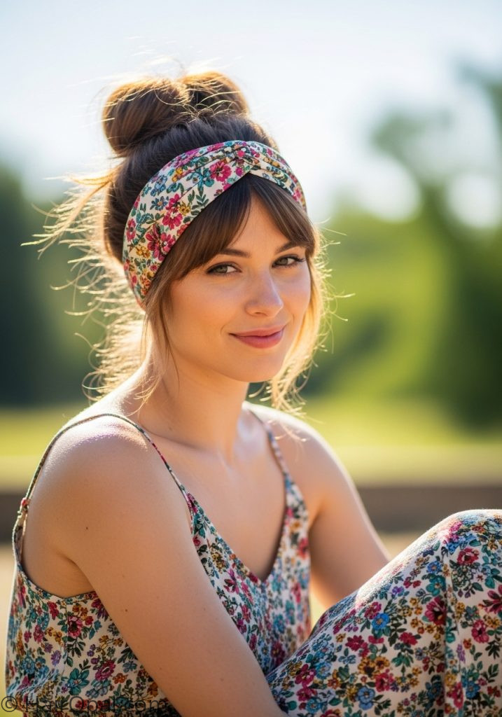 Young woman with summer headband bun headband hairstyles updo casual easy