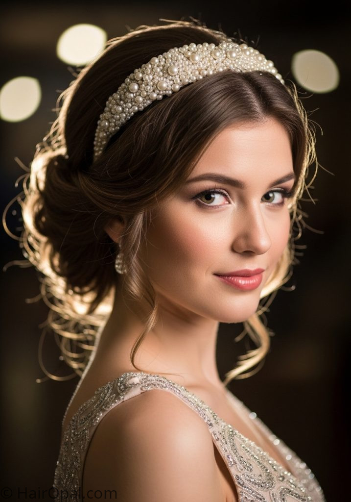  Young woman with twisted updo embellished headband hairstyles updo elegant