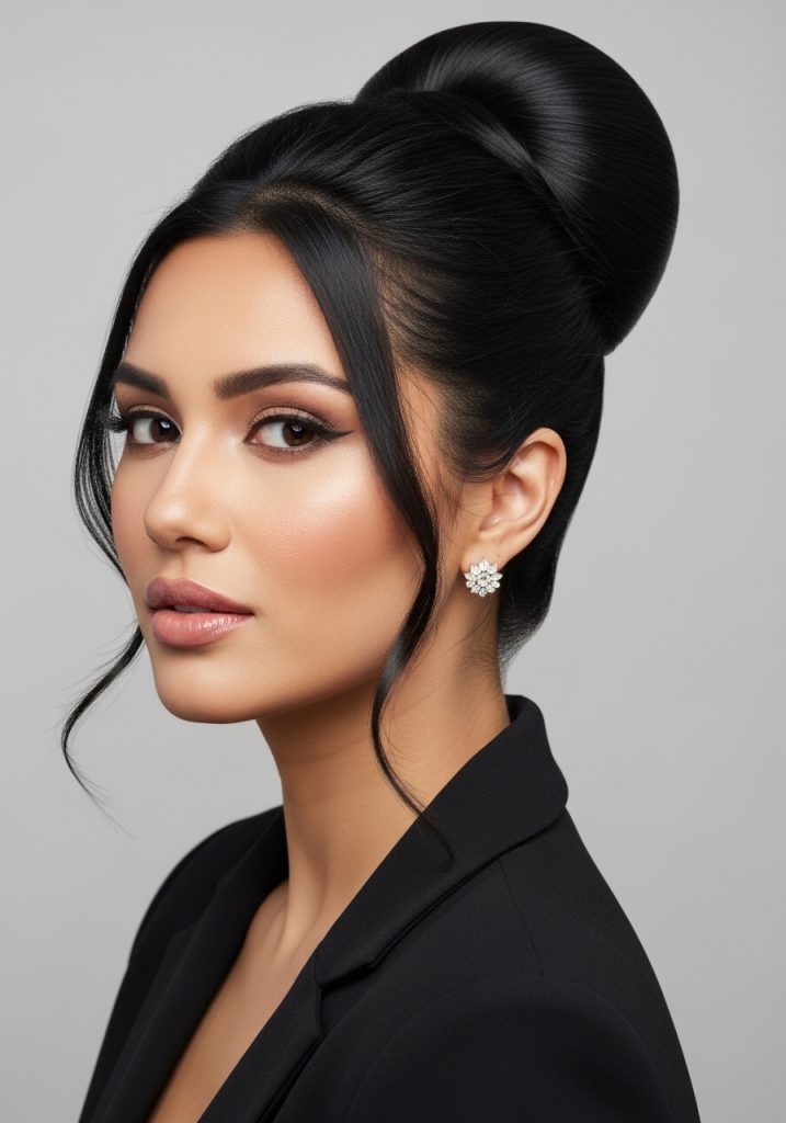 with high twisted bun updo hairstyle for long hair, polished and elegant look