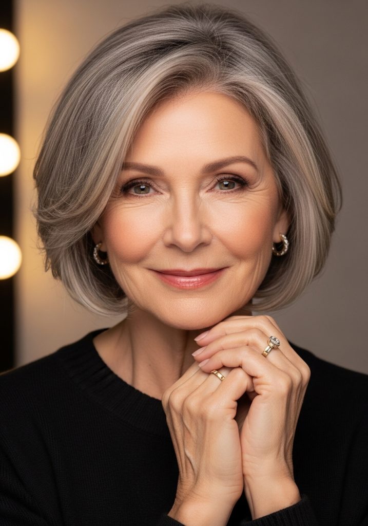 Older woman with short layered bob and highlights, brightened and youthful look