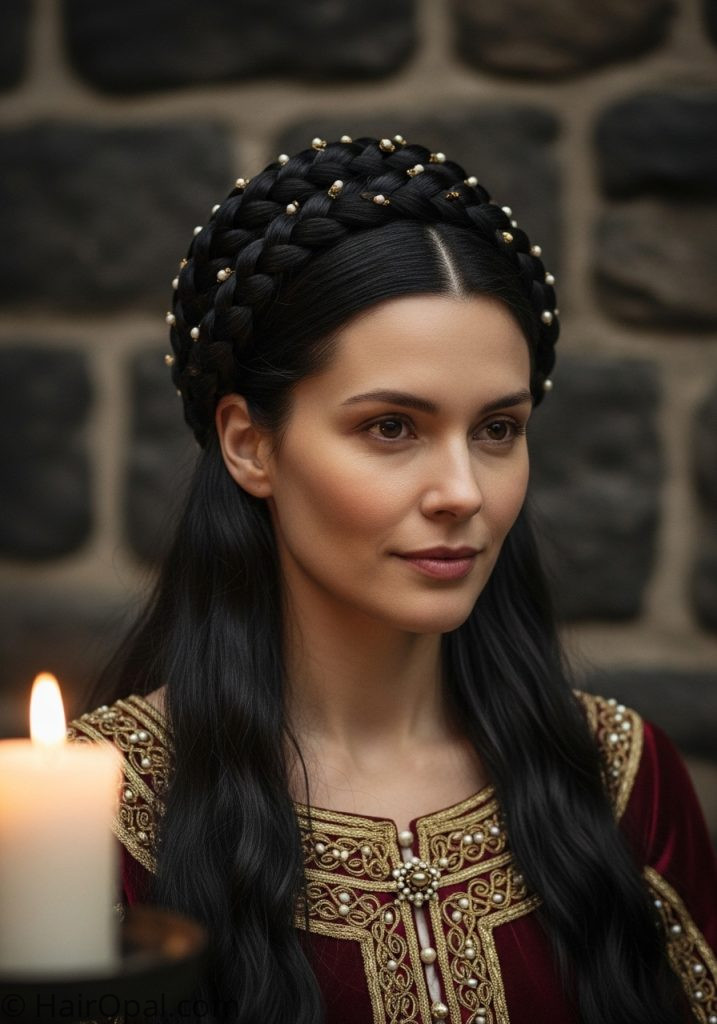  Woman with braided crown updo historical hairstyles medieval women easy tutorial