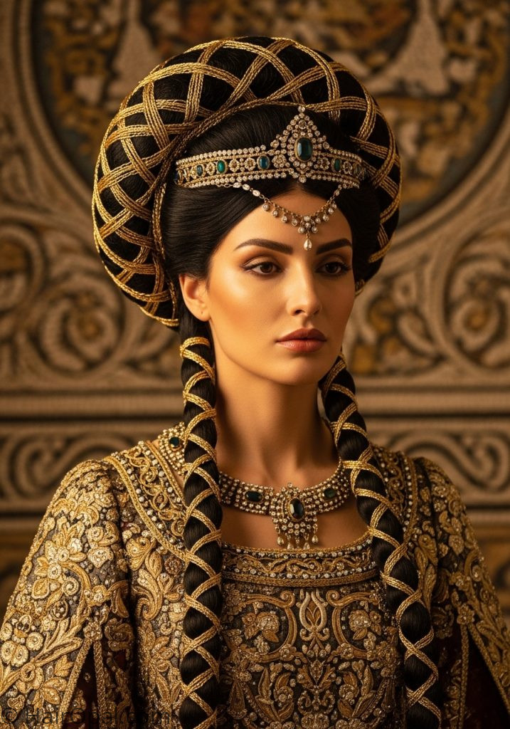 Woman with Byzantine court updo historical hairstyles medieval women art regal