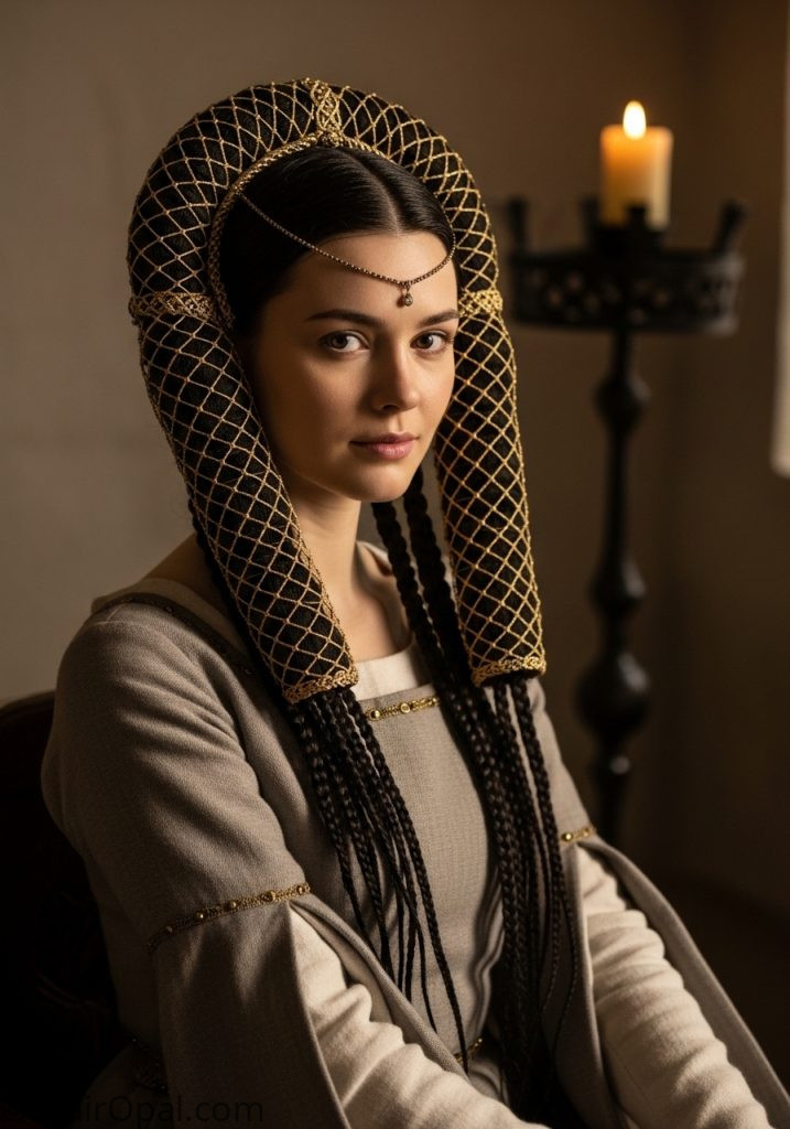  Woman with crespine net hairstyle historical hairstyles medieval women art 13th century