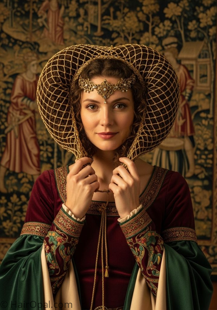 Woman with curly hair caul net historical hairstyles medieval curly women