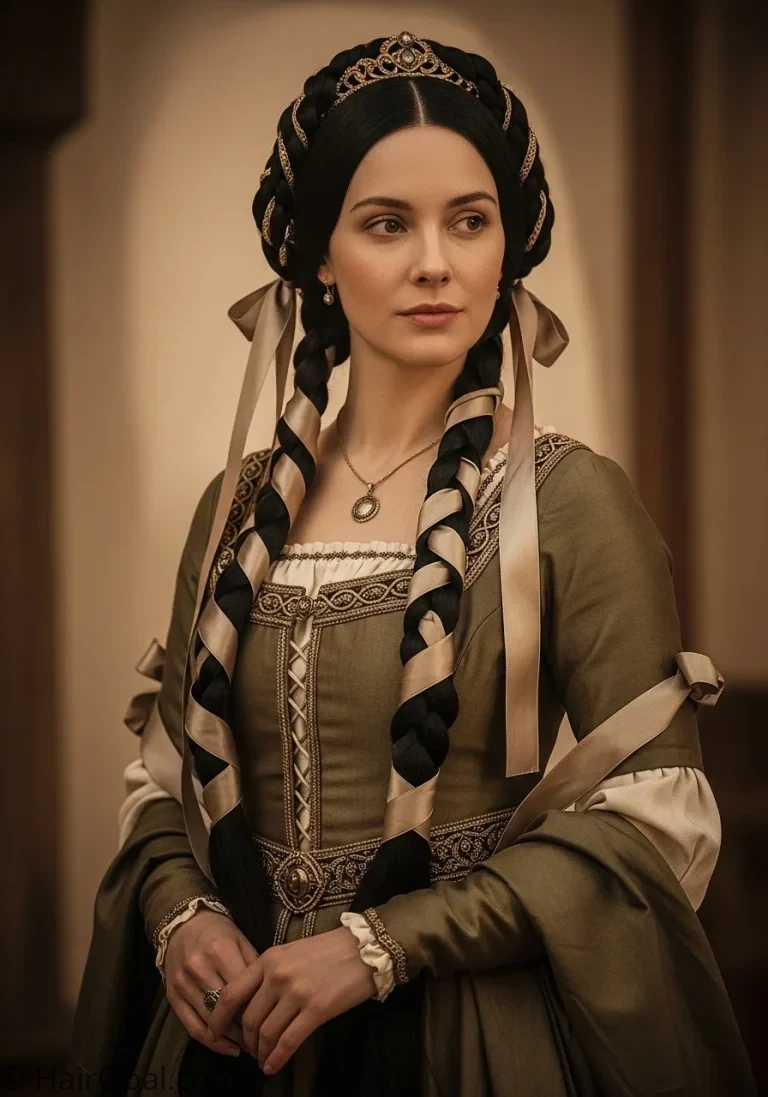 historical hairstyles medieval woman with braids and golden fillet headband medieval gown