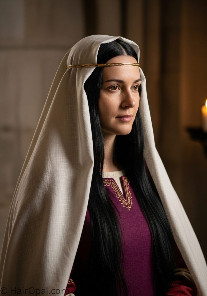 Woman with fillet veil historical hairstyles medieval women art