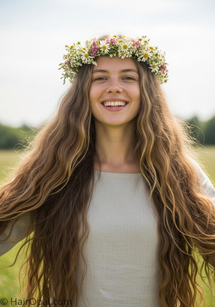 Woman with flower crown loose hair historical hairstyles medieval easy women