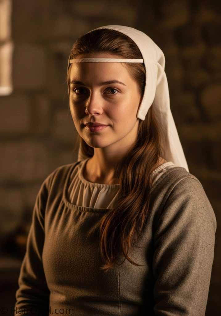Woman with half up veil historical hairstyles medieval women easy tutorial