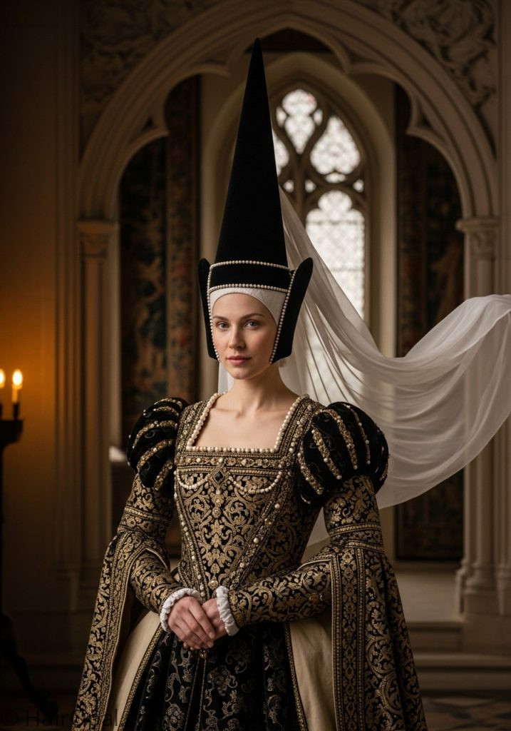 Woman with hennin cone headdress historical hairstyles medieval women art 15th century