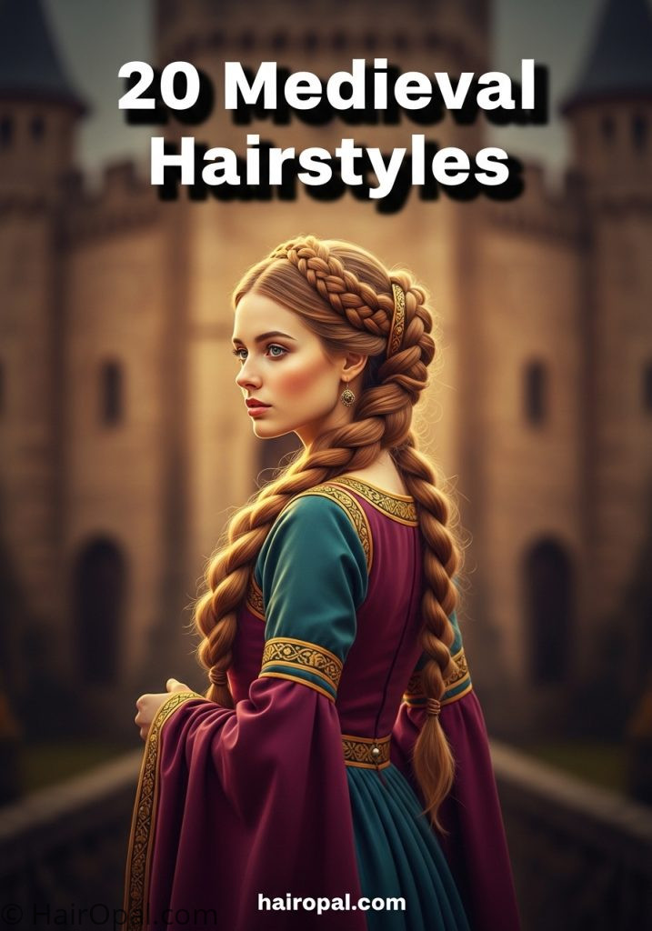 Woman with medieval braided hairstyle in jewel tone gown with text 20 medieval hairstyles