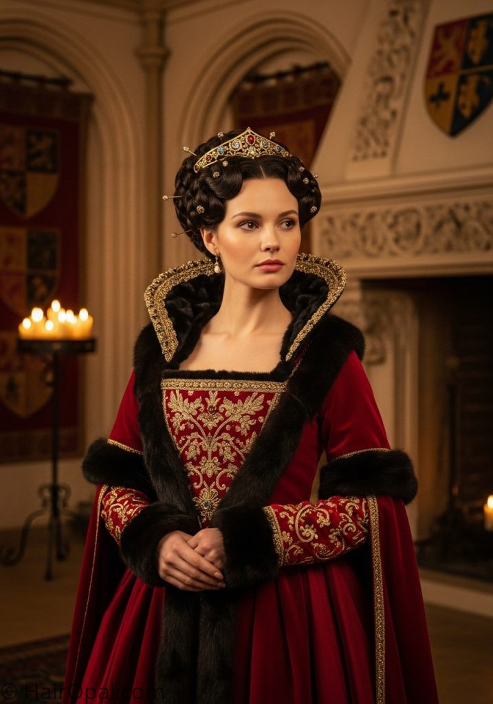 Woman with jeweled noble updo historical hairstyles medieval women art regal