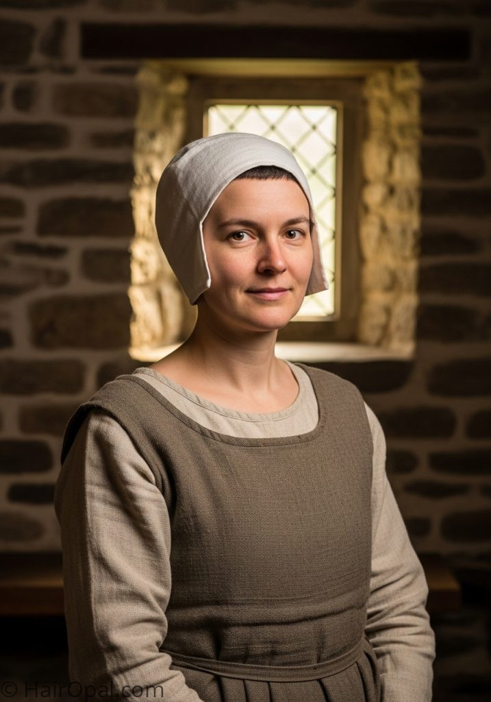 Woman with coif cap historical hairstyles medieval short hair women
