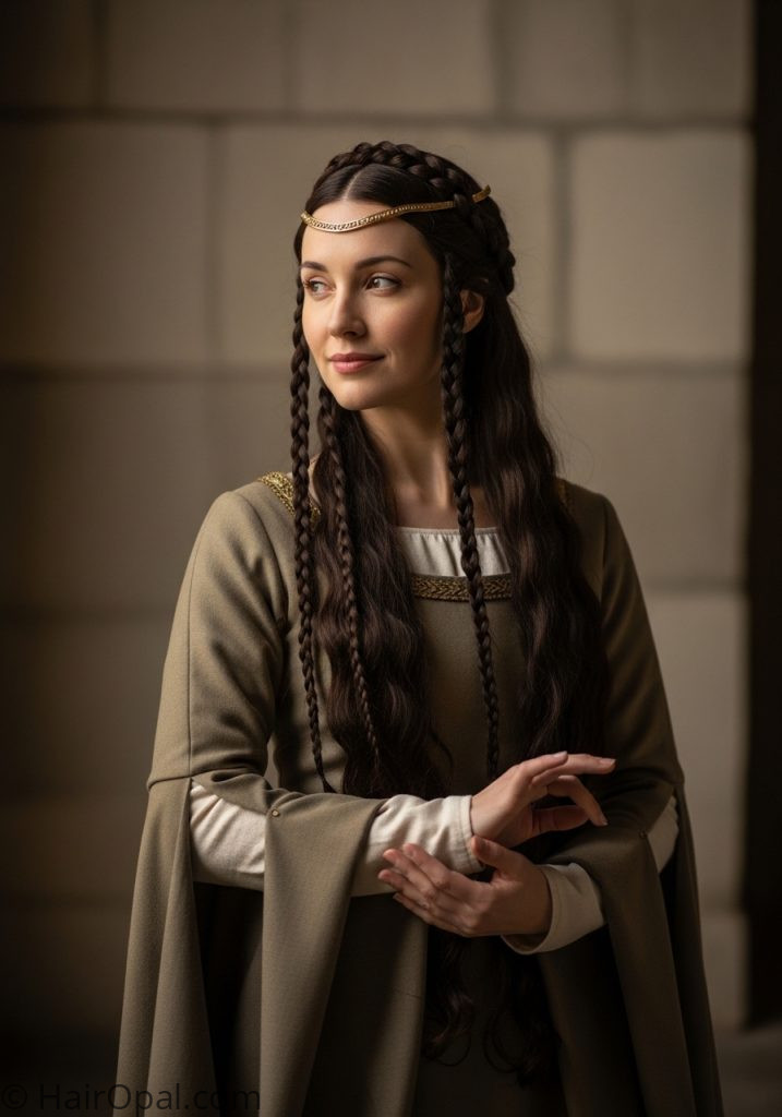 Woman with medieval two braid historical hairstyles medieval women tutorial easy