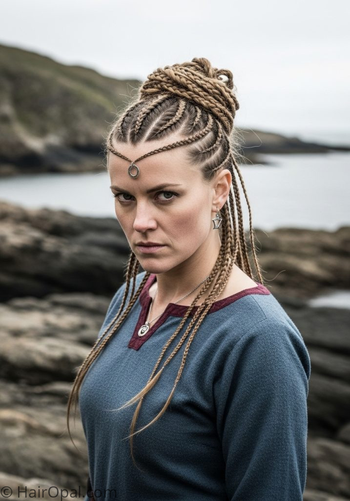 Woman with Viking braided updo historical hairstyles medieval women tutorial