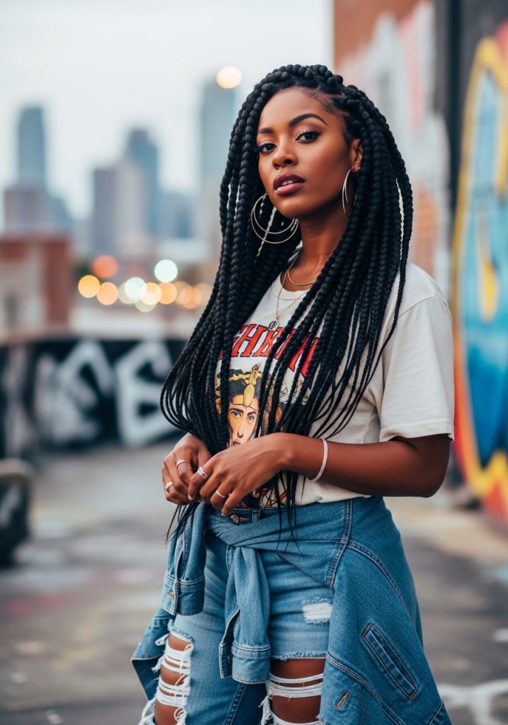 Woman with jumbo box braids hairstyle, chunky bold braids making a statement