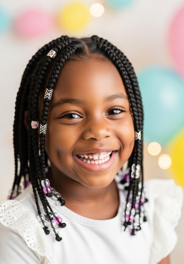  Little girl with box braids and colorful beads braids hairstyle, cute and protective
