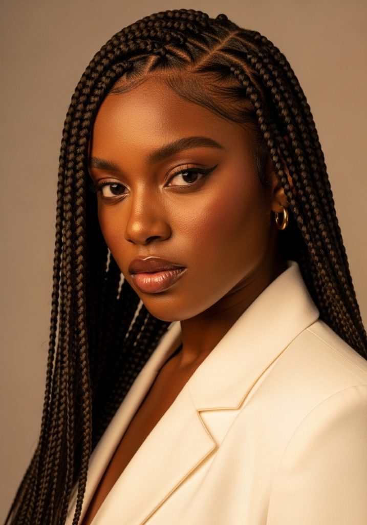 Woman with knotless box braids hairstyle, clean parting and natural look 2026