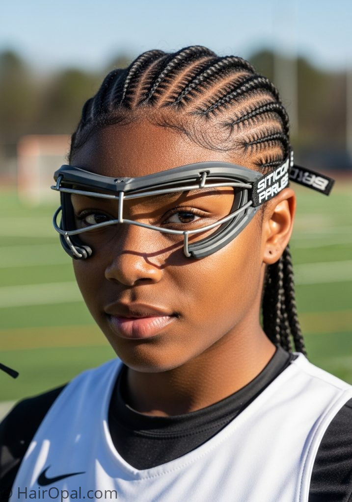 Black young woman with cornrows lacrosse hairstyles braids natural hair no braids game