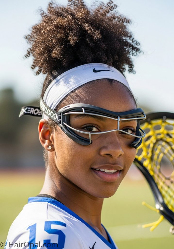 Black young woman with curly puff headband lacrosse hairstyles curly hair easy natural