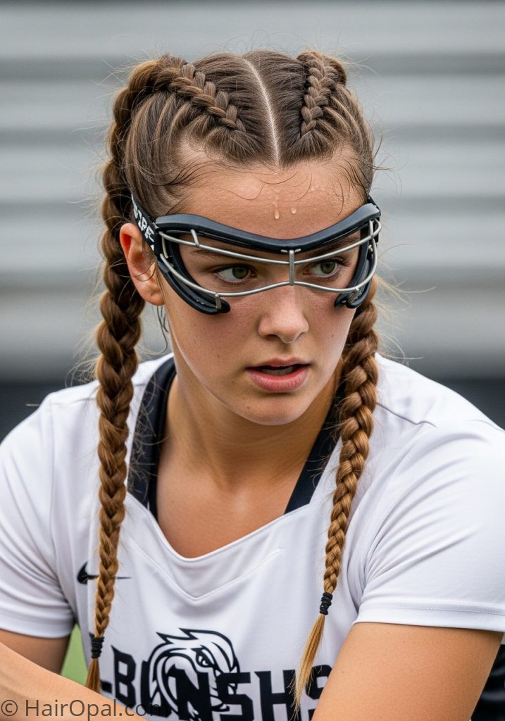 Young woman with Dutch braid pigtails lacrosse hairstyles braids easy tutorial
