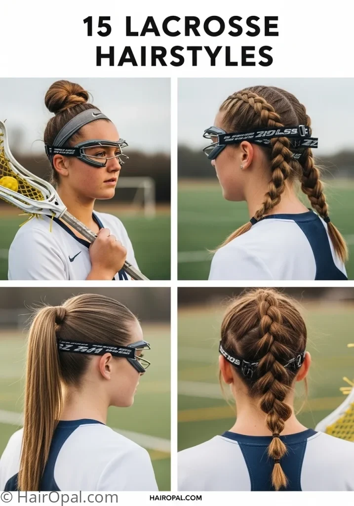 Collage of four lacrosse hairstyles women players with text 15 lacrosse hairstyles