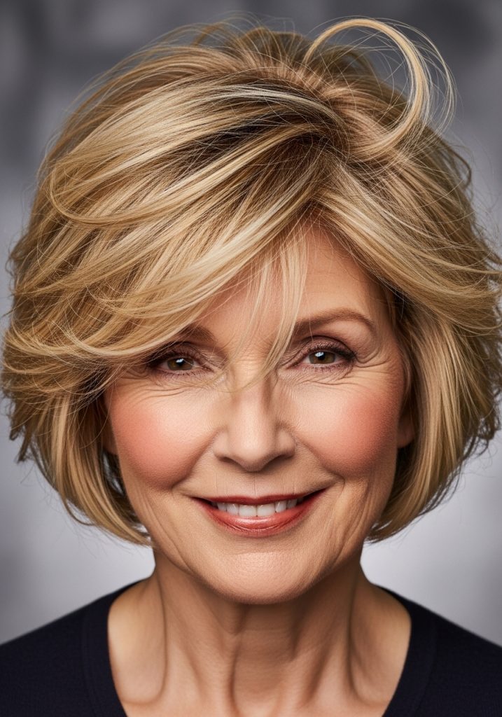 Older woman with voluminous layered bob short haircut for fine hair, full and beautiful