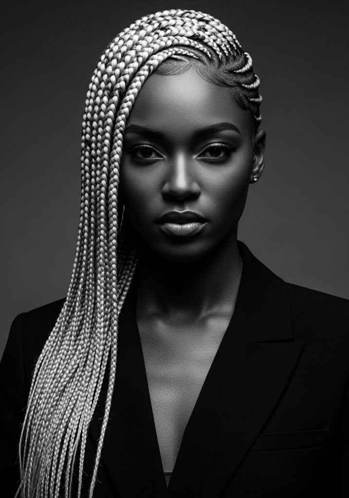 Woman with lemonade braids hairstyle, side swept cornrows flowing to one side