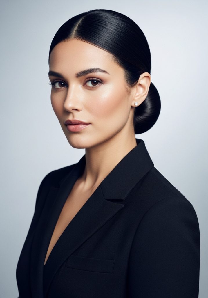 Woman with simple low ponytail bun updo hairstyle, elegant for any occasion