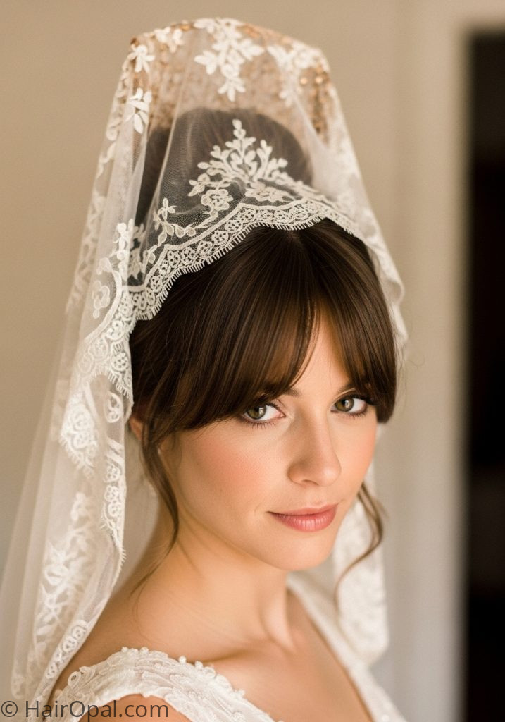 Bride with bangs half up mantilla veil hairstyle with bangs half up