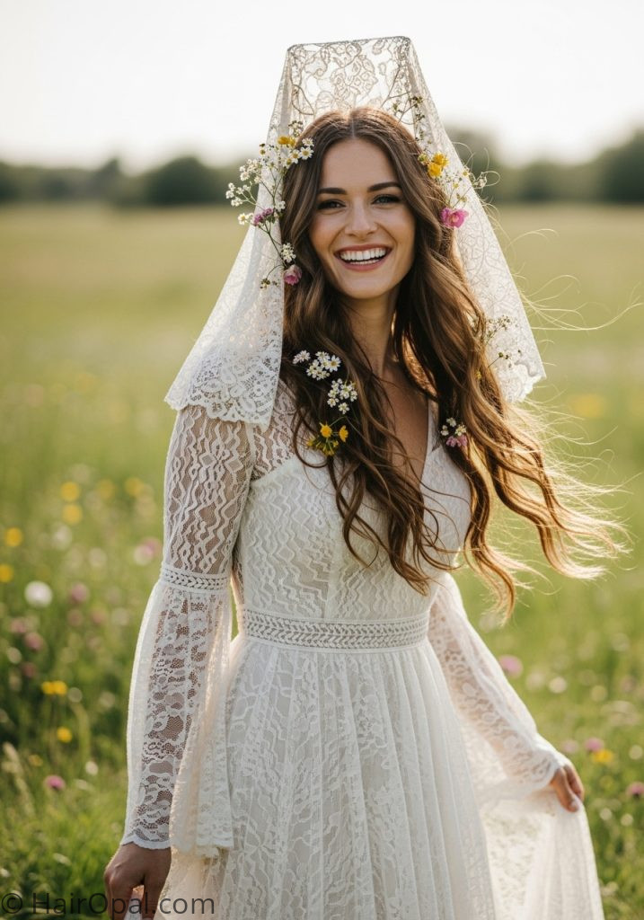 Bride with boho waves down mantilla veil hairstyle down vintage
