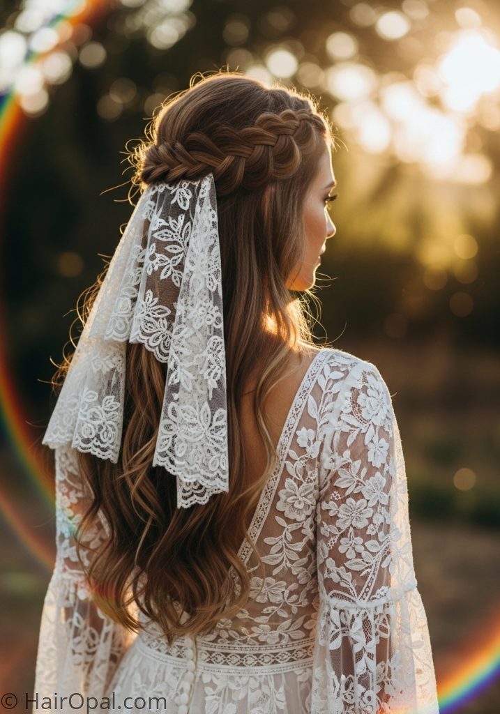 Bride with braided half up mantilla veil hairstyle half up