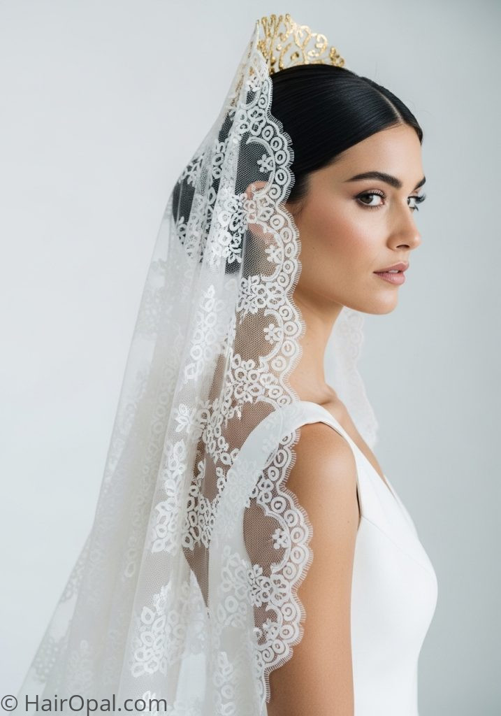 Bride with sleek chignon mantilla veil hairstyle updo