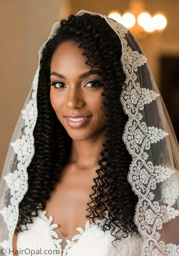 Bride with natural curly hair mantilla veil hairstyle curly hair down
