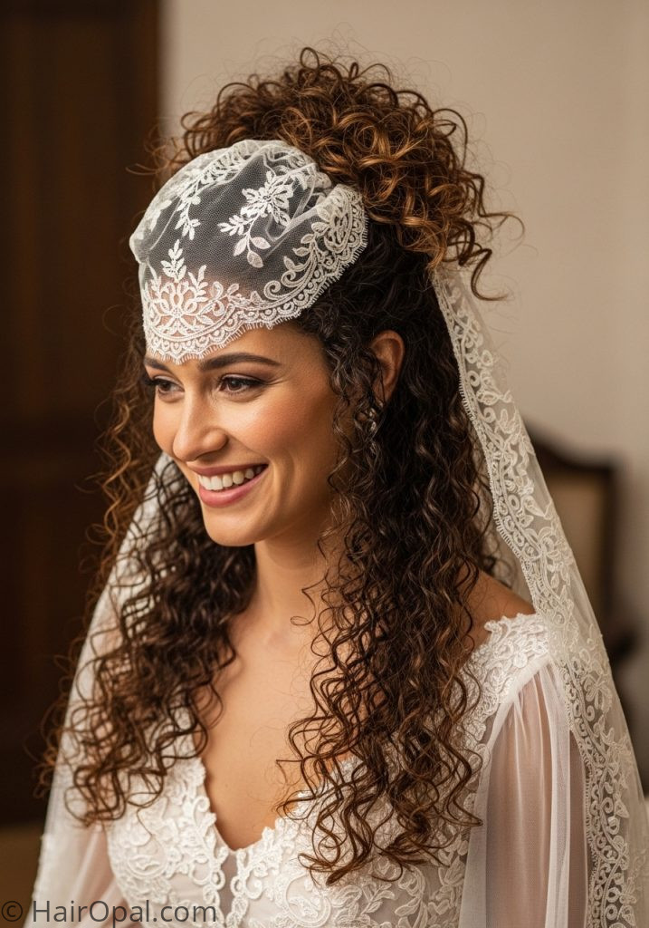Bride with curly half up mantilla veil hairstyle curly hair half up