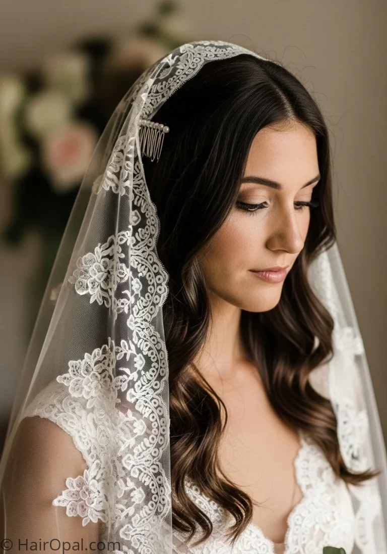 mantilla veil hairstyle bride with long brown hair loose waves lace mantilla