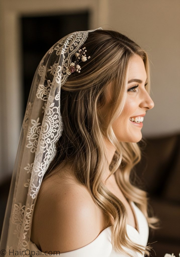 Bride with half up hair mantilla veil hairstyle half up