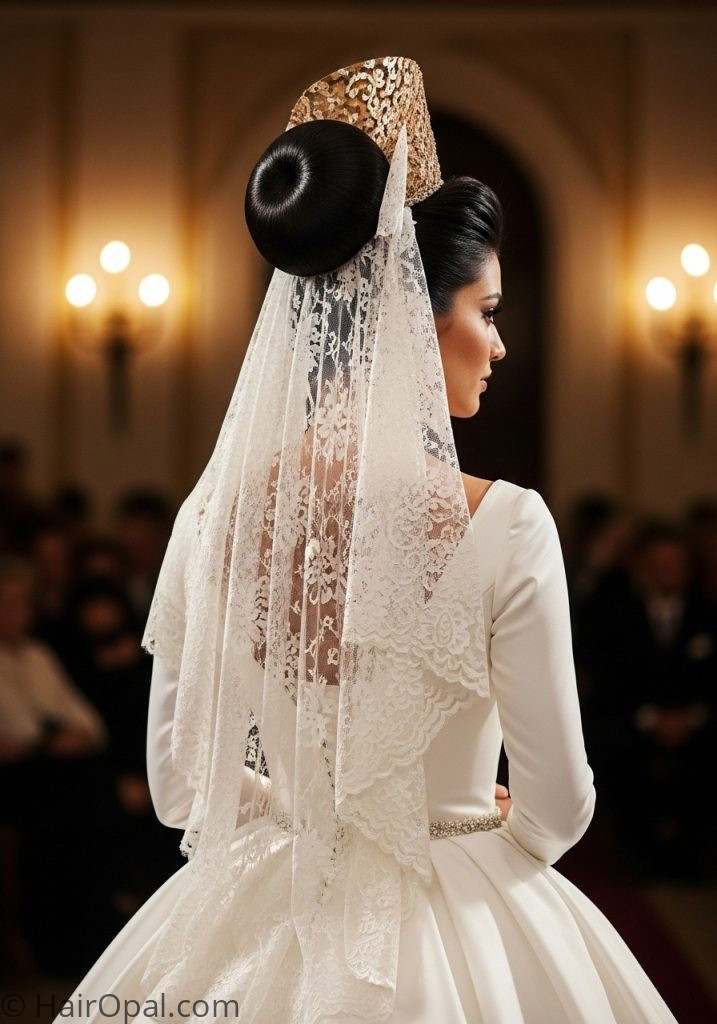 Bride with high bun mantilla veil hairstyle bun updo