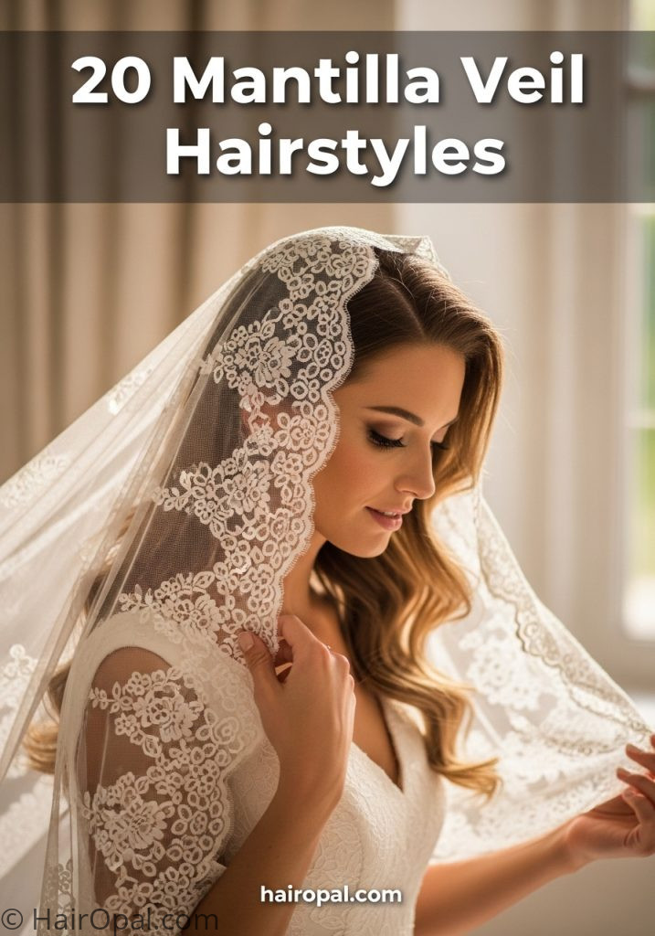 Bride wearing mantilla veil with romantic waves with text 20 mantilla veil hairstyles