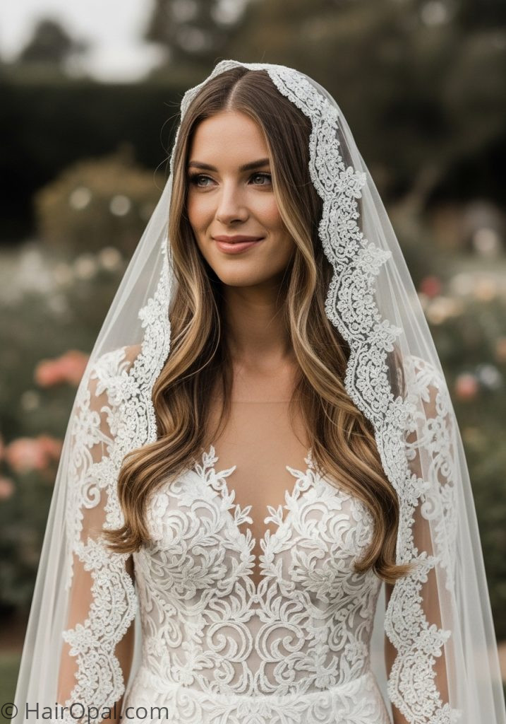Bride with loose waves down mantilla veil hairstyle down