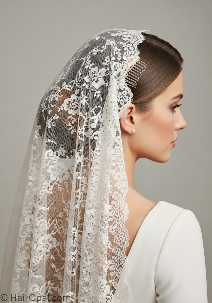 Bride with low bun mantilla veil hairstyle bun